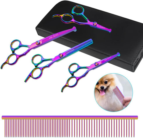 Safety Round-tip Scissors Set Professional PET Dog Grooming Coated Titanium Scissors Suit Cutting&Curved&Thinning Shears (Rainbow)...