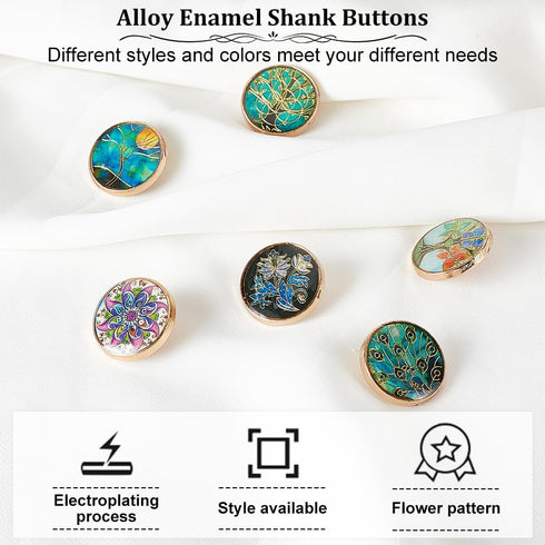 OLYCRAFT 24Pcs 6 Styles Alloy Enamel Shank Buttons Plant Theme Metal Blazer Buttons 20x8mm Flower Tree Vintage Shank Buttons Round Sewing Shank Bu...