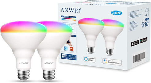 ANWIO Smart Light Bulb BR30 RGB Color Changing LED WiFi Dimmable Multicolor Light Bulbs E26 Base, Compatible with Alexa, Google Assistant, No Hub ...