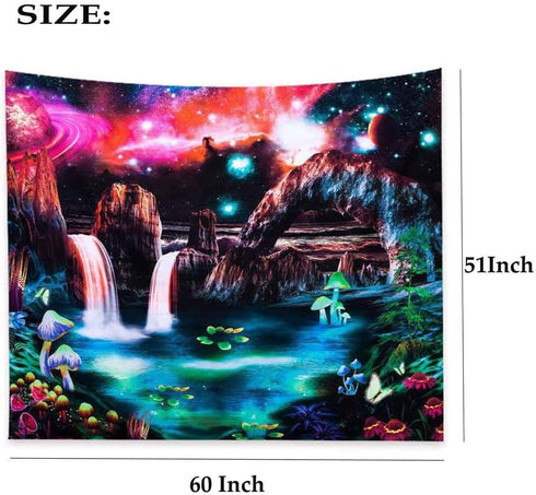 Algasan Blacklight Galaxy Waterfall Tapestry UV Reactive Planet and Mountain Wave Tapestries Fantasy Landscape Plants Tapestry Wall Hanging for Be...