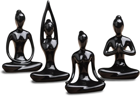 OwMell Lot of 4 Meditation Yoga Pose Statue Figurine Ceramic Yoga Figure Set Decor - Black...