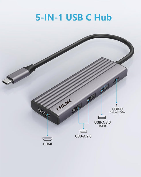 USB C Hub, 5-in-1 USB C multi-port adapter for MacBook Pro,USB C to HDMI Hub dongle, with 4K HDMI,100W PD, 3*USB 3.0,USB C adapter compatible with...