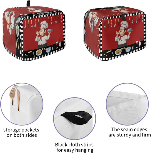 Toaster Cover 2 Slice, Chef Kitchen Knife Fork Black and White Buffalo Plaid Bread Maker Cover Toaster Dust Cover with Pockets, Dust-Proof Cover f...