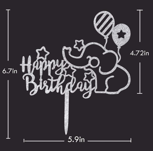 Baby Elephant Happy Birthday Cake Topper, Glitter Animal Elephant Theme Birthday Party Decorations (Silver)...