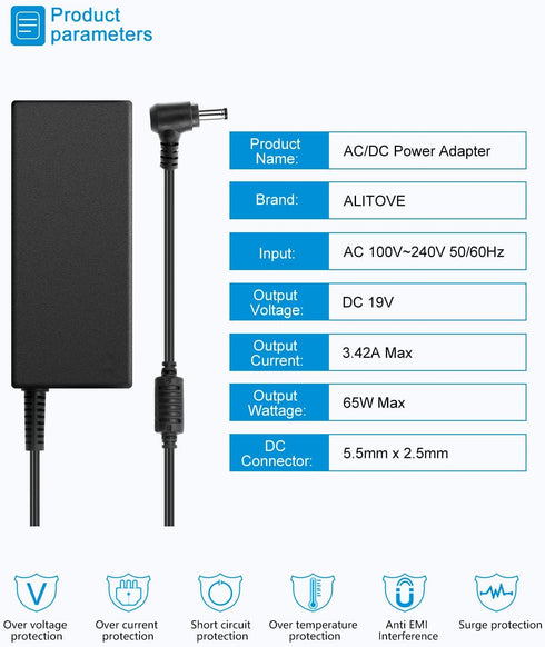 ALITOVE 19V 3.42A Universal Laptop Charger 2.53A 2.1A Monitor Power Supply Cord 65W 48W 40W for HP LG Monitor Samsung TV Acer Chromebook Toshiba S...