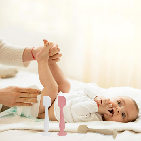 3 Pack Baby Diaper Cream Spatula Applicator, Soft Silicone Butt paste Spatula Diaper Cream Brush with Suction Cup Base (White, Red, Gray)...