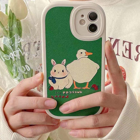 Casechics Compatible with iPhone Case,Cute Kawaii Bunny Duck PU Leather Bumper Camera Lens Protection Soft Shockproof Cover Phone Case (Green,iPho...