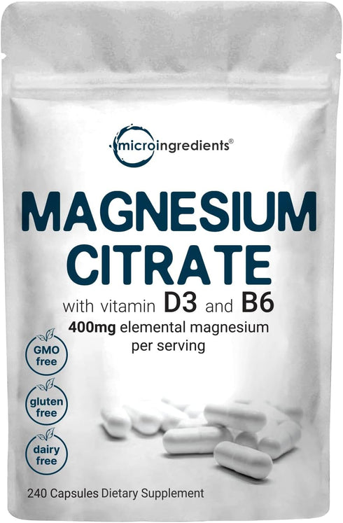Magnesium Citrate 400mg with Vitamin D3 1000IU & B6, 240 Capsules | Elemental Mineral & Vitamins Complex | Combats Constipation, Supports Muscle, ...