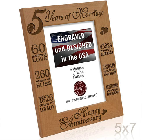 KATE POSH - 5 Years of Marriage Photo Frame - Happy 5th Anniversary Wood - Engraved Natural Solid Wood Picture Frame (5x7-Vertical)...