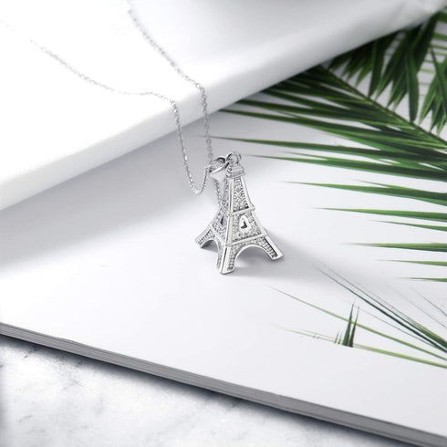 Gem Stone King France Eiffel Tower Pendant Necklace for Women | White Zirconia Set in 925 Sterling Silver | 0.5 Inch | with 18 Inch Complimentary ...