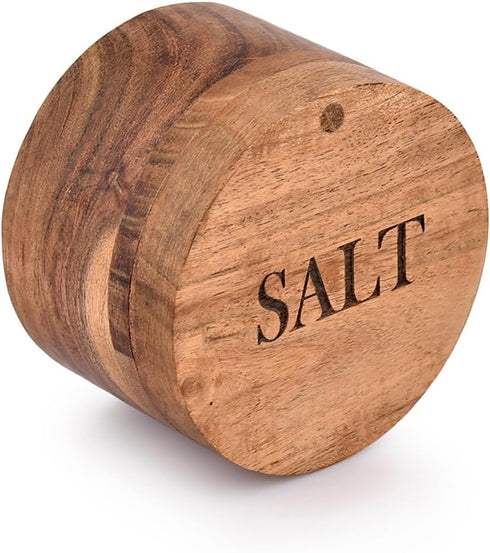 Acacia Wood Round Condiment Pot with Magnetic Swivel Lids for Kitchen Countertop "Salt" Engraved on Lid (3.5” x 3.5” x 2.5”)...