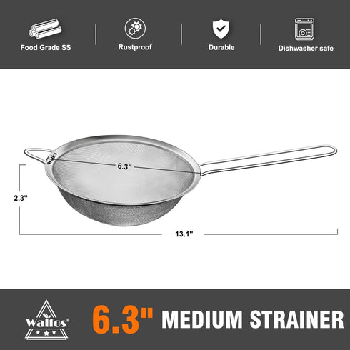 Walfos 6.3 Inch Fine Mesh Strainer, Premium Stainless Steel Sieve and Sifter with Handle, Kitchen Metal Strainers for Rice, Quinoa, Fruits, Noodle...