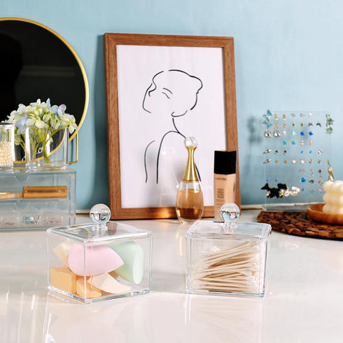 Modern Square Qtip Holder Acrylic Bathroom Vanity Countertop Storage Organizer Canister Jar for Cotton Swabs, Rounds, Balls, Makeup Sponges, Bath ...