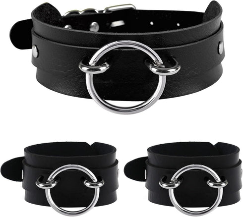 Men's Black Wide Faux Leather Collar Choker Adjustable Thick PU Necklace for Women,Alloy Metal Big Round Ring Charm...