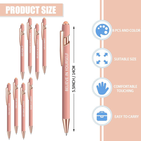 8 Pcs Blue Ink Inspirational Pens for Women Quotes Pen Metal Ballpoint Pen with Stylus tips for Office Gift (Rosegold)...