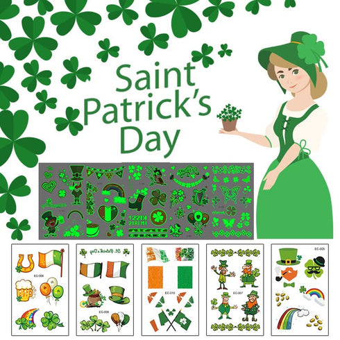 10 Sheets St. Patrick’s Day Temporary Tattoos,Lucky Shamrock Leprechaun Glow in The Dark Tattoos Green Clover Irish Designs Paint Art Luminous Tat...