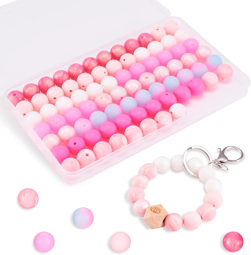 80Pcs 15mm Colorful Round Silicone Beads Pink Series Silicone Focal Beads Keychain Lanyards Beaded Pen Spacer Beads 8 Colors for DIY Jewelry Craft...