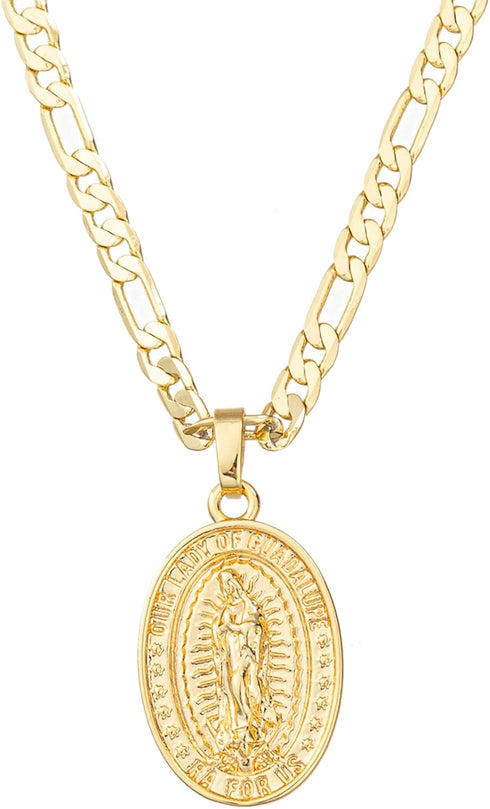 14K Gold Plated Virgin Mary Guadalupe Pendant Necklace for Women Men 3mm Flat Figaro Chain Necklace 18/22 inches...