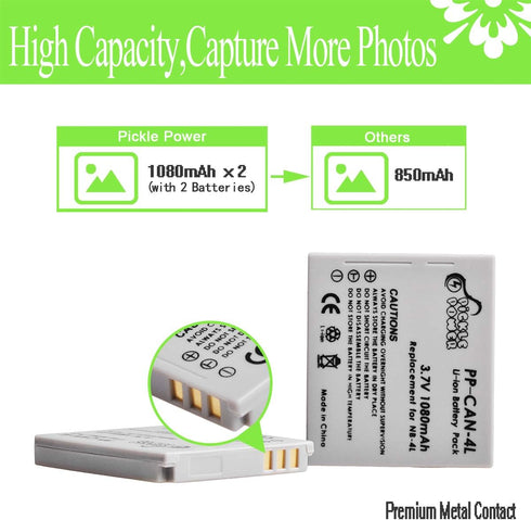 Pickle Power NB-4L Battery and LED Display Charger for Canon PowerShot ELPH 100 HS 300 HS 330 HS 310 HS SD1000 SD1100 is SD1400 is SD200 SD30 SD30...