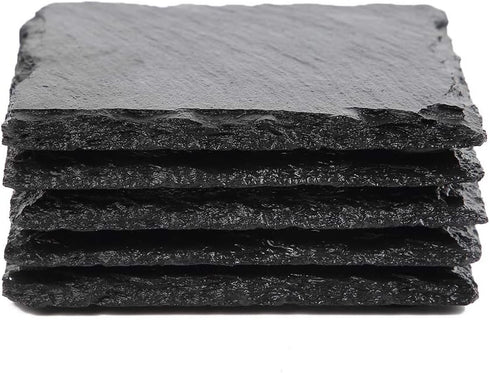 Slate Stone Drink Coasters - Set of 5 Square Black Natural Edge Stone Drink Coasters for Bar and Home- 4" x 4"...