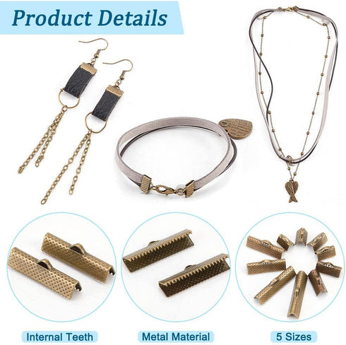 PH PandaHall 100Pcs Assorted Sizes of Antique Bronze Ribbon Clamp End Crimps Bracelet Bookmark Leather Pinch Crimps Sets Size 8-25x6-8x5mm in Box ...