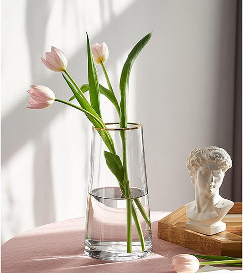 Moden Trapezoid Glass Vase with Gold Mouth for Centerpieces Home Wedding Decoration (1, Small 4.7" x 8.7")...