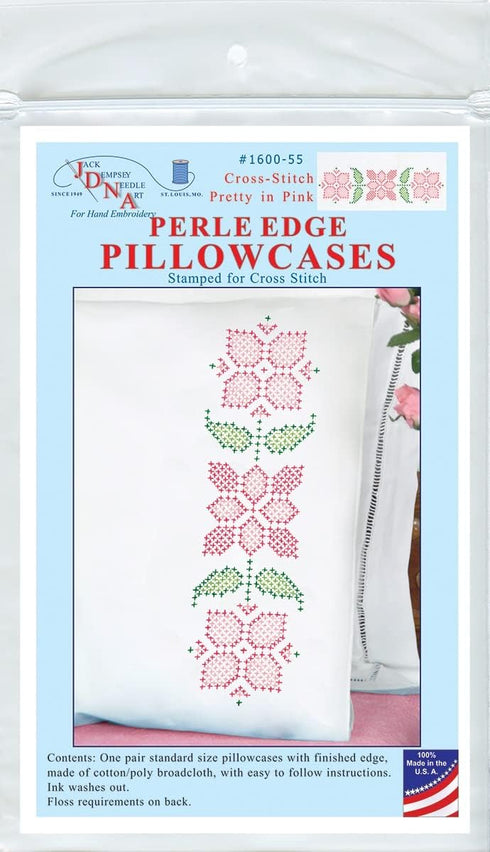 Jack Dempsey Stamped Pillowcases W/White Perle Edge 2/Pkg - Cross-Stitch Pretty in Pink...