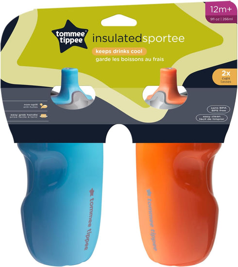 Tommee Tippee Insulated Sportee Bottle, for 12m+, 9oz, Pack of 2 Non-Spill Toddler Water Bottles, Orange and Blue, with Two-Piece Valve to Help St...