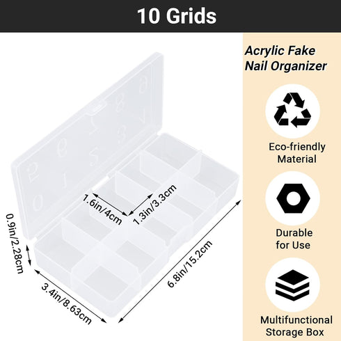False Nail Tip Organizer Box, 4PCS 10-Slot Bead Storage Container, Clear Plastic Case for Nail Art Craft, Rhinestone Jewelry Charms Holder, Vitami...