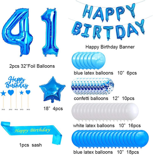 Blue 41st Birthday Decoration Happy Birthday Banner Number 41 Balloons Blue Happy Birthday Sash Cake Topper Latex Confetti Balloons for Boys Men 4...