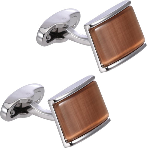 Rectangle Brown Cats Eye Gemstone Cufflinks for Men Women In Gift Case Silver Elegent Gem Men's Cufflinks Jewelry Set for Wedding Party Anniversar...