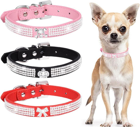 Puppy Collar Cute Dazzling Sparkling Elegant Fancy PU Leather Bling Rhinestone Crystal Jeweled Pet Cat Dog Collar (XS, Blue)...