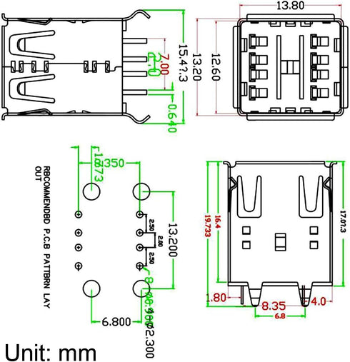 uxcell PCB USB Connector Type-A Dual Port Female Jack Vertical Four Bend Foot 5pcs...