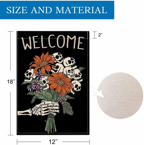 Halloween Garden Flag 12x18 Inch Double Sided Welcome Skull Flower Skeleton Gothic Spooky Halloween Decorations Outdoor Garden Flag Burlap for Sea...