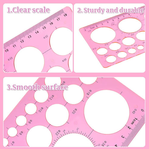 LOKUNN Circle Template for Drawing, Pink Ruler Quilling Tool, Round Hole Ruler Tool, Multi-Function Round Plastic Geometric Stencil Rulers Drawing...