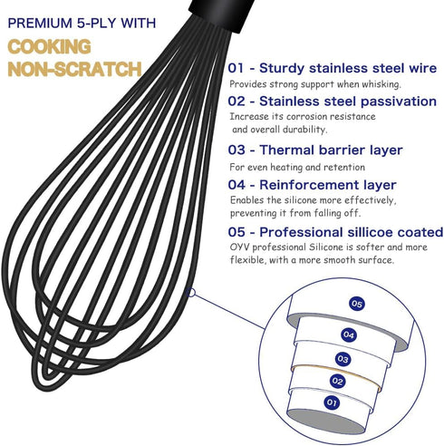 Dishwasher Safe Silicone Whisk, Sealed Waterproof Design Set of 3, Professional Kitchen Whisks for Cooking Non-Scratch, Silicone & Stainless Steel...