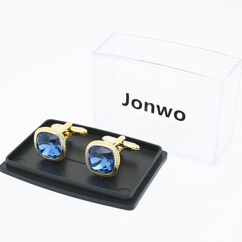 Blue Zircon Gemstone Cufflinks for Men Lady In Gift Case 14K Gold Plated Square Men's Cufflinks Jewelry Set for Wedding Anniversary Business Party...