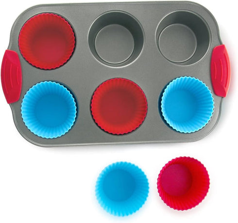 Boxiki Kitchen Non-Stick Steel 6 Cup Muffin Pan with Silicone Handles and Reusable Liners - Perfect for Baking Large Muffins and Cupcakes...