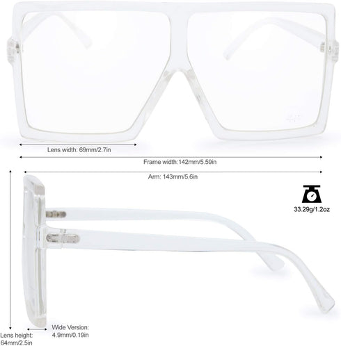 The Fresh Large Oversized Fashion Square Flat Top Sunglasses with Gift Box (4-Shiny Crystal, Clear/AR Coating)...