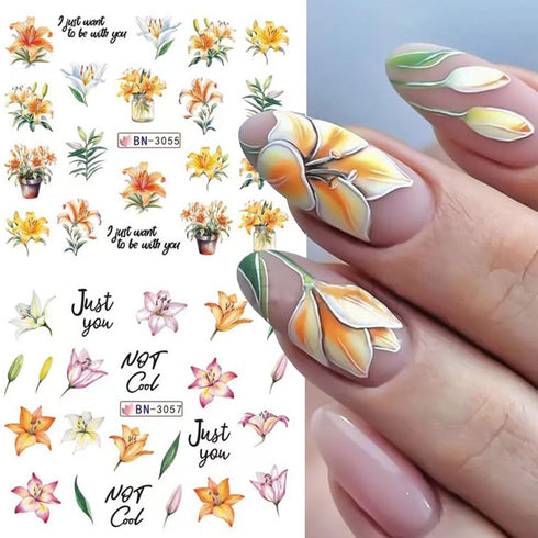 12 Sheets Lily Flowers Nail Stickers Water Transfer Decals Slider Nail Art Decorations White Flower Green Leaf Geometric Line Sliders Spring Flora...