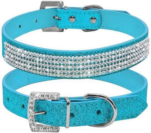 Cute Dazzling Sparkling Leather Dog Cat Rhinestone Collar Crystal Diamond Pet Dog Puppy Collar(Blue,S)...