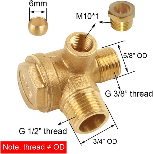 3-Port Brass Air Compressor Check Valve M10*1 x G3/8 Male x G1/2 Male Threaded Central Pneumatic Valve...