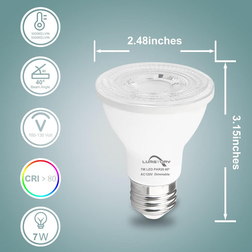Par20 Led Bulbs 3000K Warm White Dimmable Flood 7W(50W Halogen Equivalent) E26 40 Degree Spot Light for Indoor Track Recessed Lighting 4-Pack...