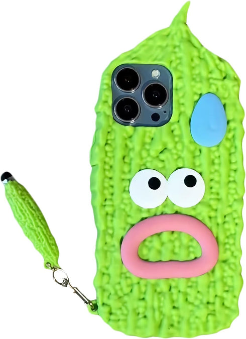 3D Silicone iPhone 15 Case with Funny Creative Stylus, Balsam Pear Design Cartoon Soft Silicone Full Protection Shockproof Cases Cover Skin for Ki...