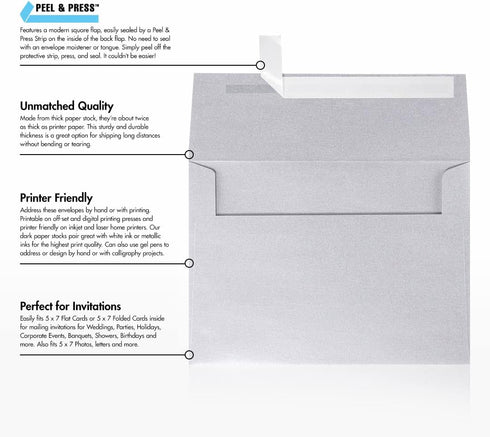 LUXPaper A7 Invitation Envelopes | Peel & Press | 5 1/4" x 7 1/4" | Silver Metallic | 80lb. Text | 50 Qty...