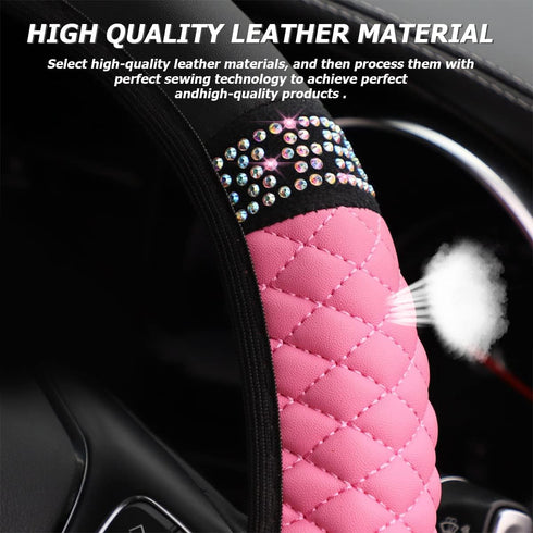 Bling Leather Steering Wheel Cover, Colorful Rhinestones Elastic Steering Wheel Protector, PU Soft Leather with Crystal Diamond, Sparkling Car Acc...