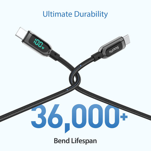SOOPII 100W 1ft USB C to USB C Cable Fast Charge, Nylon Braided Cable with LED Display for lPhone 15/15 Pro/15 Plus/15 Pro Max,lPad Air,MacBook Pr...