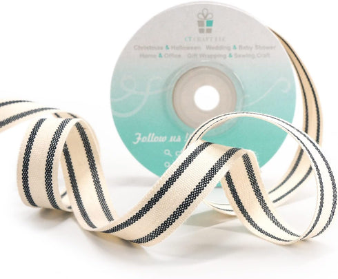 CT CRAFT LLC Ivory Cotton Black Stripes Ribbon 5/8" x 10 Yards for Home Décor Gift Present Wrapping DIY Crafts Birthday Wedding Bouquet Christmas...