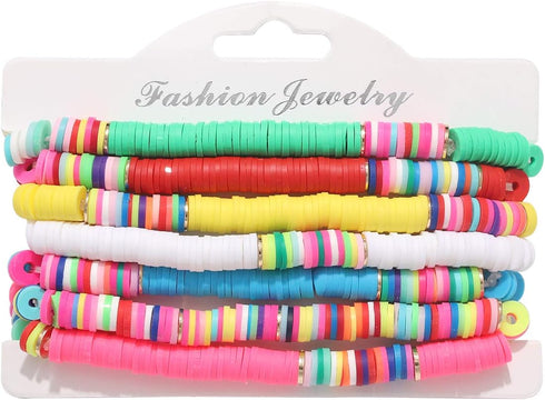 boderier Heishi Bracelets Colorful African Vinyl Disc Bead Stretch Bracelet Summer Beach Surfer Bracelets Set (7)...