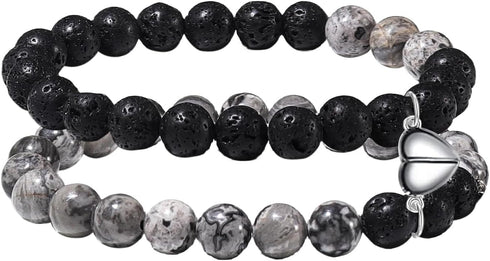 2Pcs Matte Lava Rock Volcanic Stone Beads Stretch Bracelet Stacking Essential Oil Diffuser Tiger Eye Seed Energy Yoga Bracelet for Men Women Coupl...